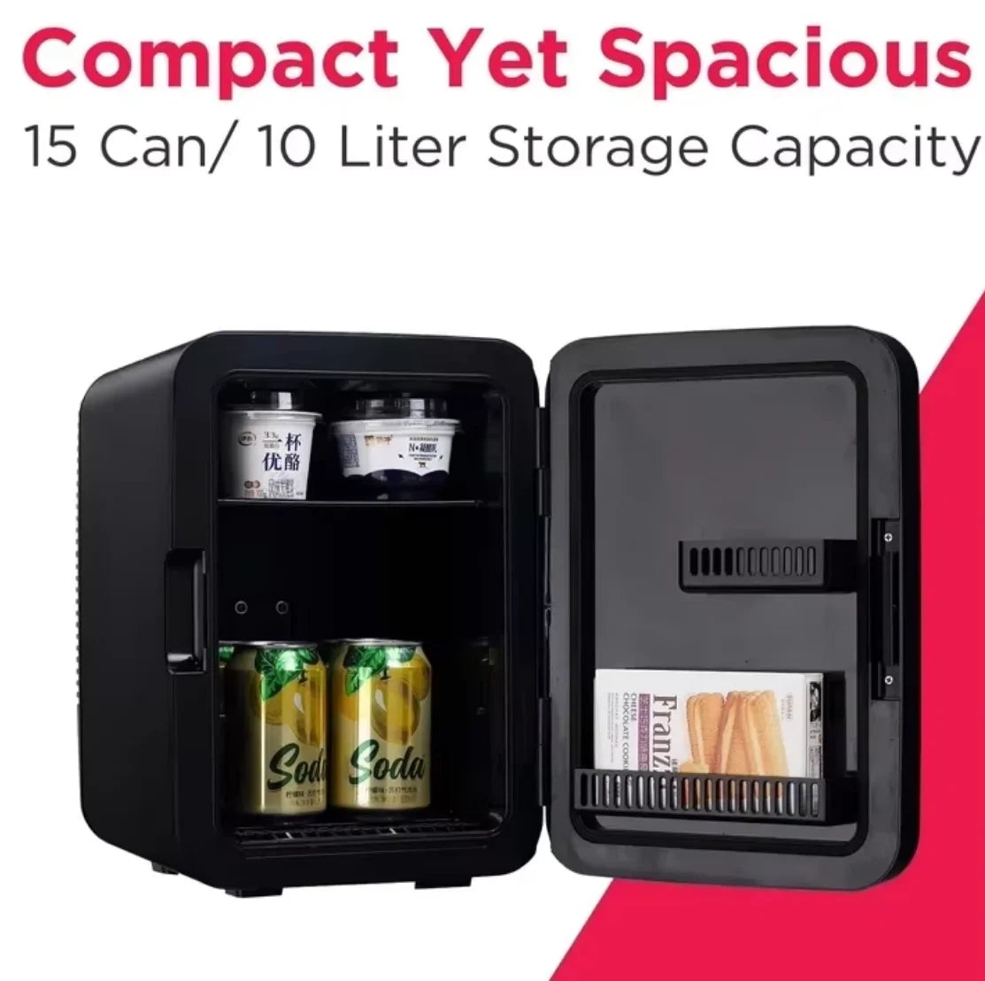 Retro 10L Mini Personal Refrigerator, 15-Can Capacity Black Stainless Steel Mini Fridge for Beverages, Skincare, and Snacks, Portable and Energy-Efficient Mini Cooler for Bedroom, Office, Dorm, or Travel, Compact, Stylish, an