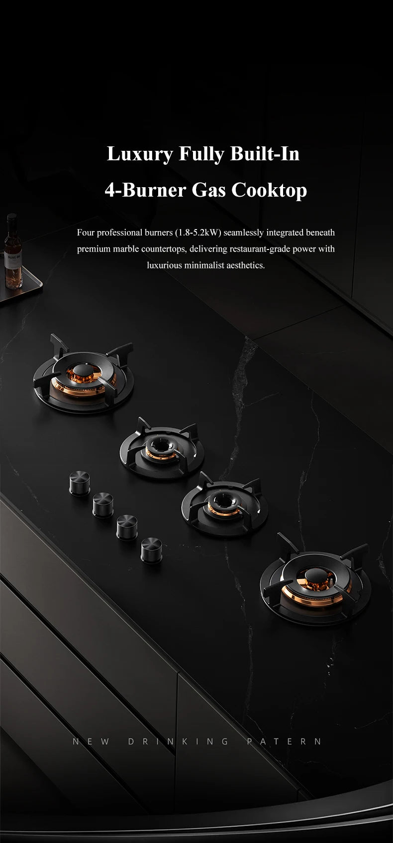 Premium Built-in  Cooktop 4-Burner 5.2KW Copper Flame Failure Protection Panel-Ready for  Kitchen
