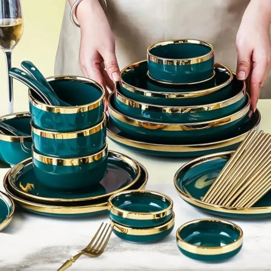 18-Piece Ceramic Dinner Set for 4 People Elegant Green Tableware with Rice Bowls Spoons Soup Bowl Deep Shallow Plates and Sauce