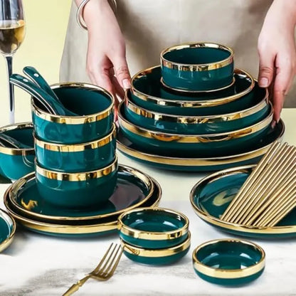 18-Piece Ceramic Dinner Set for 4 People Elegant Green Tableware with Rice Bowls Spoons Soup Bowl Deep Shallow Plates and Sauce
