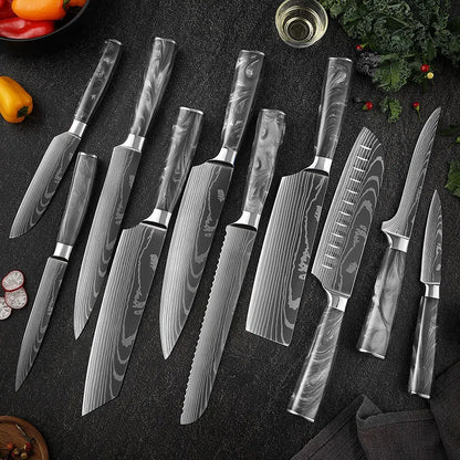 Japanese Santoku Knife 10pcs Damascus Pattern Knives Set Chef's Knife Boning Knife Meat Cleaver Vegetable Slicing Knives