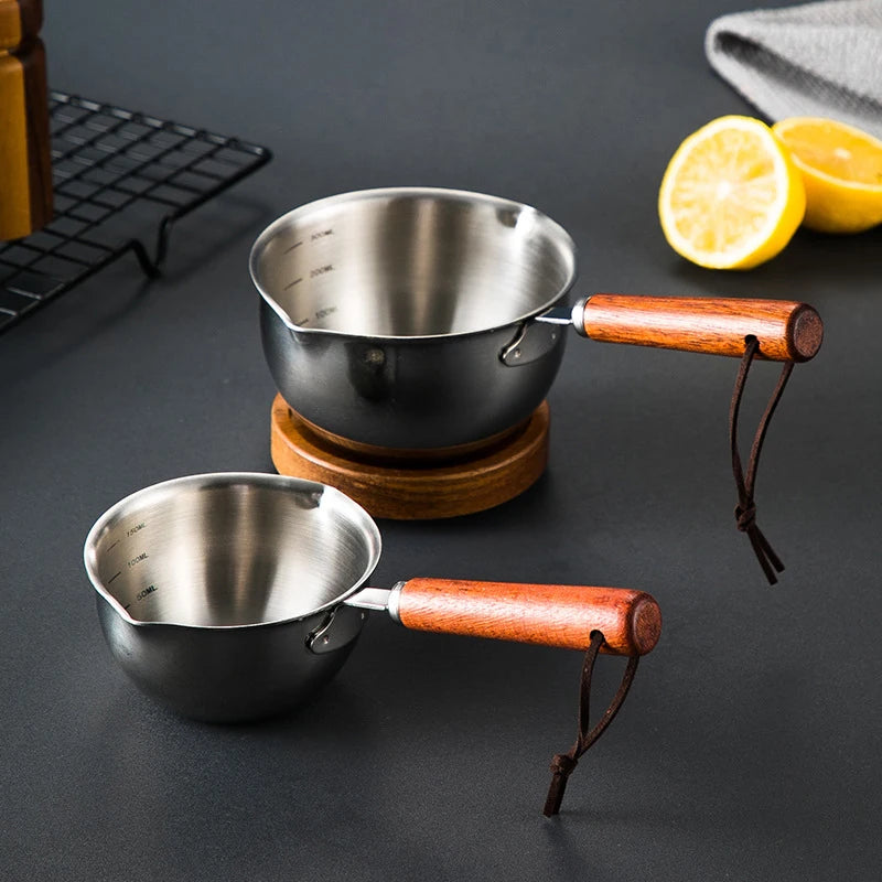 ♥Stainless Steel Oil Sprinkling Small Pot With Wooden Handle Hot Oil Pot Milk Pan Kitchen Multifunction Saucepan