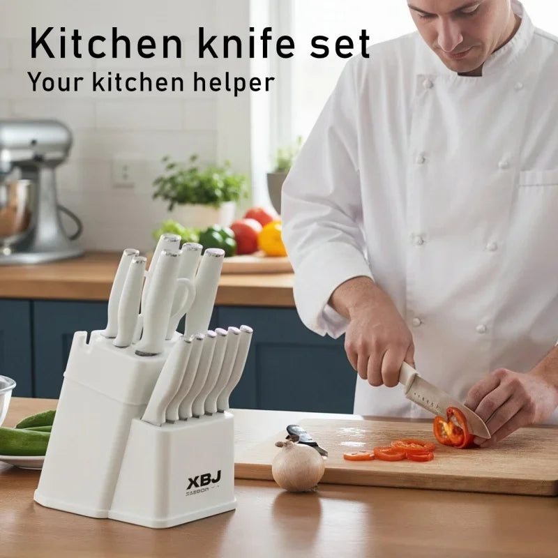 15 Pcs Stainless Steel Kitchen Knife Set with Block & Cutting Board, Ultra Sharp Chef Knives for Home Cooking