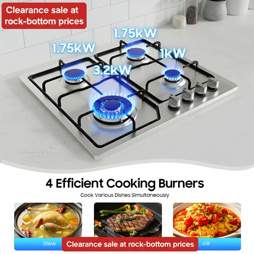 Clearance Sale Powerful Sealed Burners Gas Stove Safety Auto-Shutoff Cooktop with 4 Nozzles for Home Restaurant Cooking