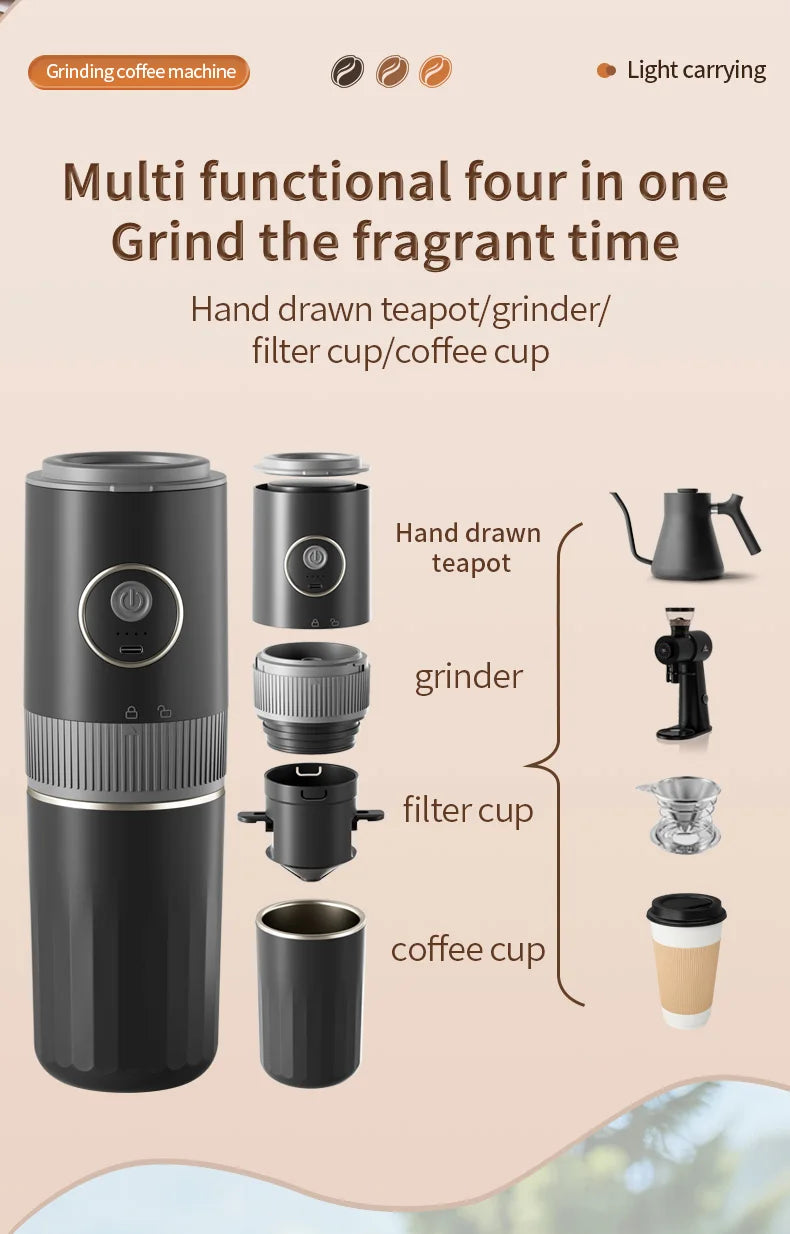 2-in-1 Wireless Portable Coffee Machine – Grind Beans & Hand Brew Anywhere for Camping & Outdoor Adventures