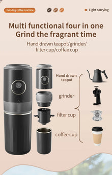 2-in-1 Wireless Portable Coffee Machine – Grind Beans & Hand Brew Anywhere for Camping & Outdoor Adventures
