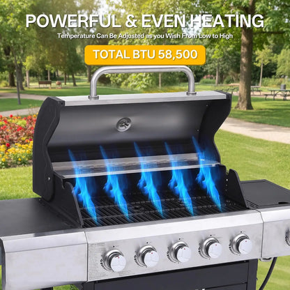 58,500 BTU 5-Burner Propane Gas Grill BBQ with Side Burner, Porcelain Grates, Wheels