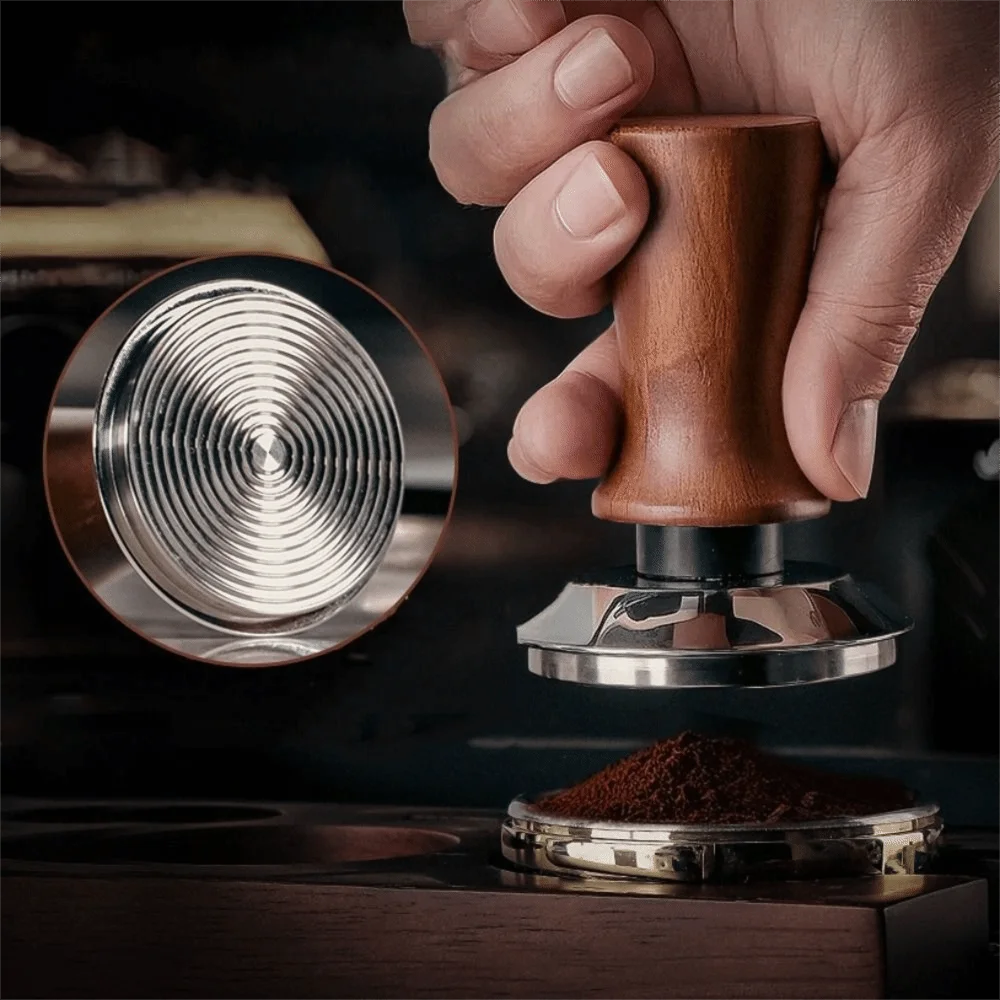 51/53/58MM Coffee Tamper Self-rebounding Springs Design Coffee Leveler Wood Handle Flat/threaded Bottom Coffee Powder Press