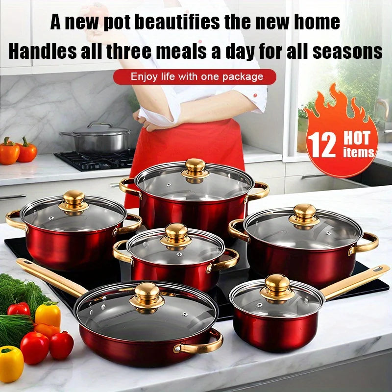 us12pcs Red Pot Set, Stainless Steel, Non-Stick Pan, Kitchen Cookware Set, Non-Stick Cooking Set, A Variety of Pots to Meet All Kitchen Needs, The Most Beautiful And Practical Gift for Mothersd