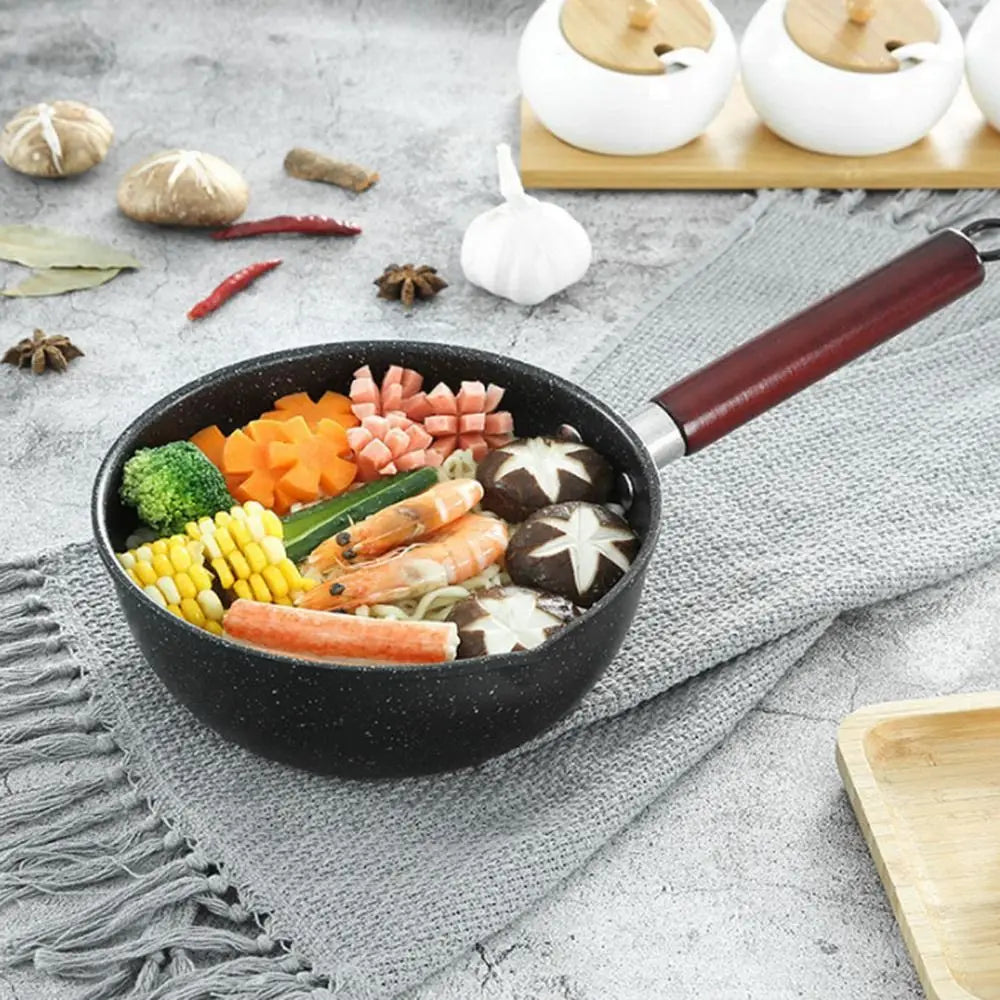 Portable Iron Omelette Pan Non-stick with Wooden Handle Wheat Stone Stockpot Noodle Pot Kitchen Supplies