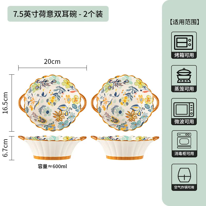 LingAo-Japanese Country Style Ceramic Tableware Set of Plates and Bowls with Underglaze Colors