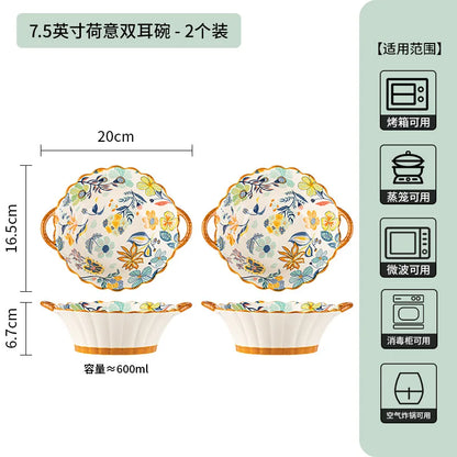 LingAo-Japanese Country Style Ceramic Tableware Set of Plates and Bowls with Underglaze Colors