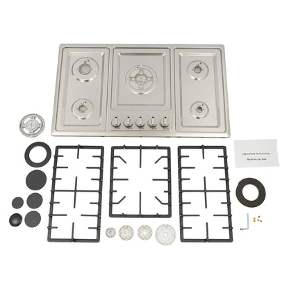 5 Burner Gas Cooktop 5 Burner Gas Stove 201 Stainless Steel Cast Iron Zinc Alloy Enamel Dual Countertop Drop-in NG Gas Hob Pulse Ignition Flame Failure Protection Independent Knob Easy Clean Home Hotel Restaurant Kitchen