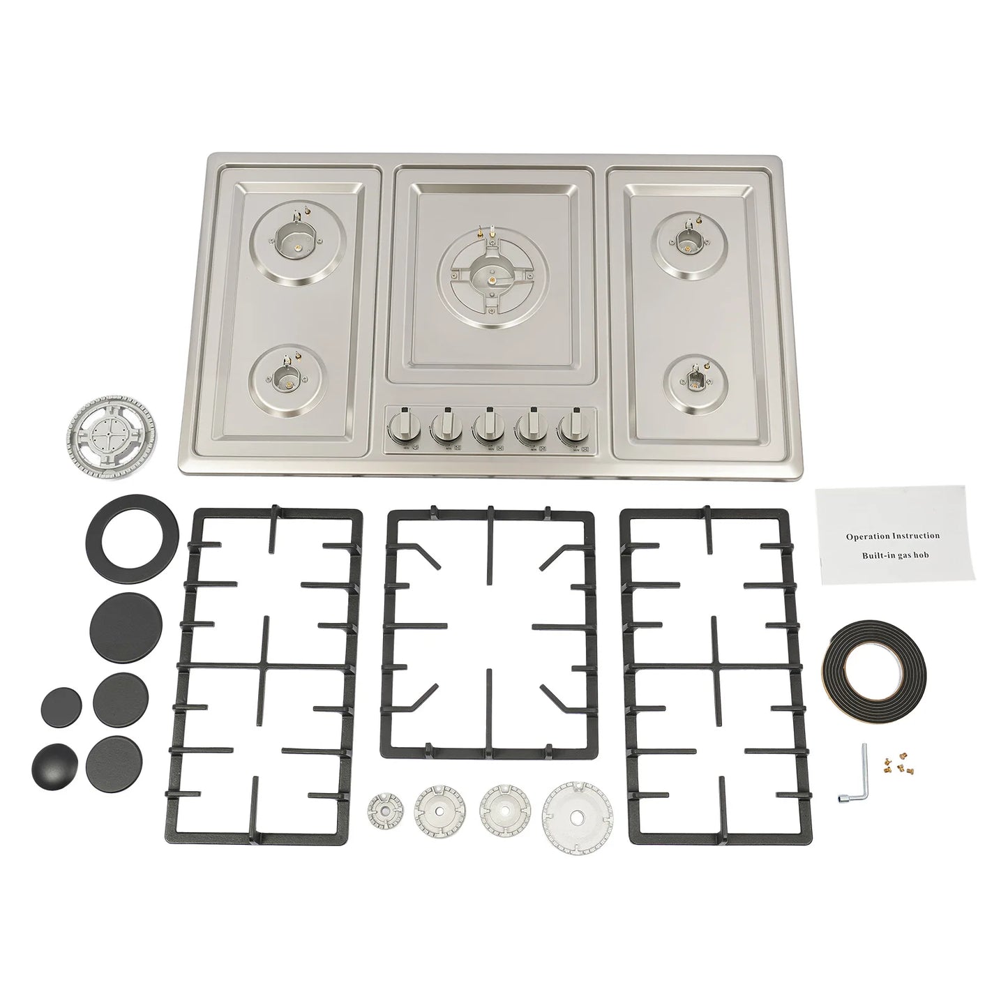 5 Burner Gas Cooktop 5 Burner Gas Stove 201 Stainless Steel Cast Iron Zinc Alloy Enamel Dual Countertop Drop-in NG Gas Hob Pulse Ignition Flame Failure Protection Independent Knob Easy Clean Home Hotel Restaurant Kitchen