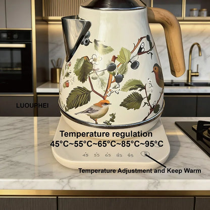1.7L Retro Decal Electric Kettle Wood Grain Handle 304 Stainless Steel Temperature Control Teapot Home Auto Keep Warm Kettle