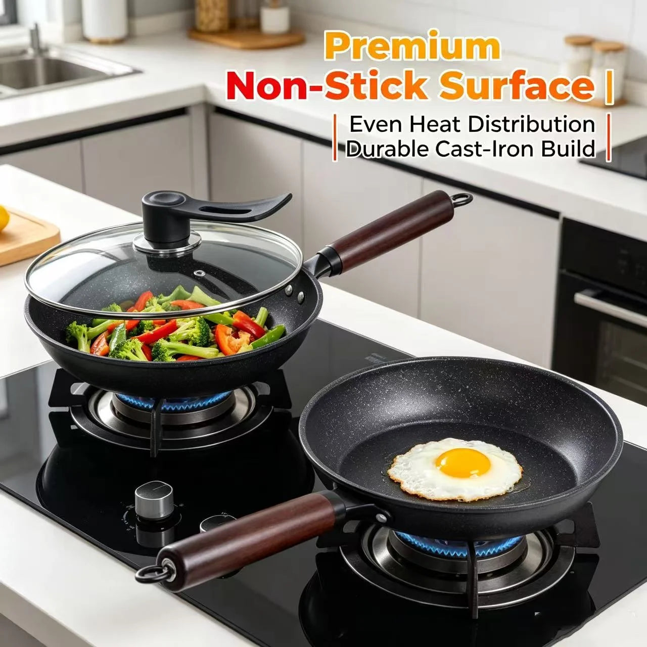 Granite Non Stick Frying Pan, Household Skillet for Steak Egg Pancake, All Stoves Compatible, Works with Induction & Gas Stove