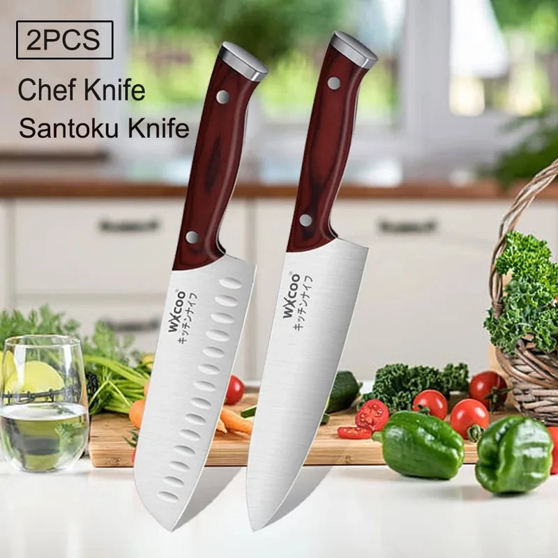 WXCOO 1-5pcs Professional Kitchen Knife Set Ultra Sharp Chef's Knife Meat Cleaver Fruit Slicing Stainless Steel Cutting Board