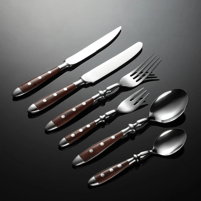 6-piece stainless steel tableware set, including knife fork and spoon set, kitchen knife and dining utensils such as steak knife