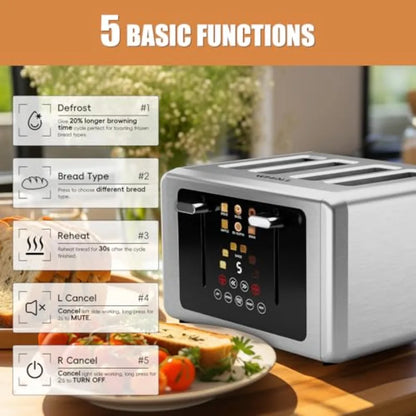 4-Slice Smart Toaster with Touchscreen and Extra-Wide Slots Dual Independent Control 6 Browning Levels 6 Bread Types Memory Fun