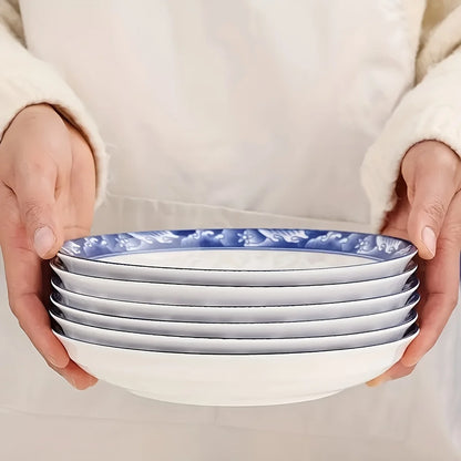 6pcs Elegant Blue And White Ceramic Dinnerware Set, Large Round Plates with Floral Design, Microwave And Dishwasher Safe, Suitab