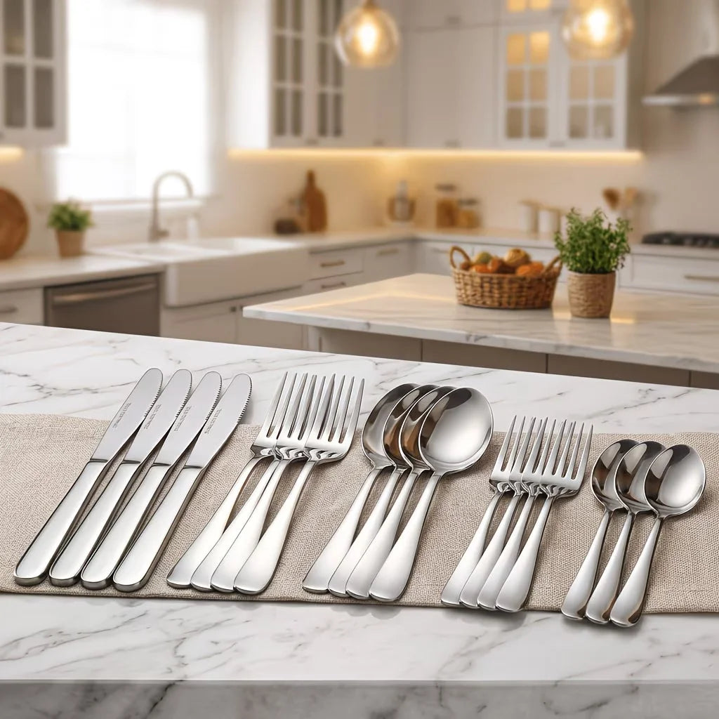 20-Piece Stainless Steel Flatware Set (Includes Knives, Forks, and Spoons) — Ideal for Western Dining & Restaurant Use | Suitabl