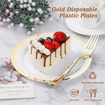 200PCS Gold Disposable Party Plates Set, 100 Dinner & 100 Dessert Plates for Wedding Birthday Events