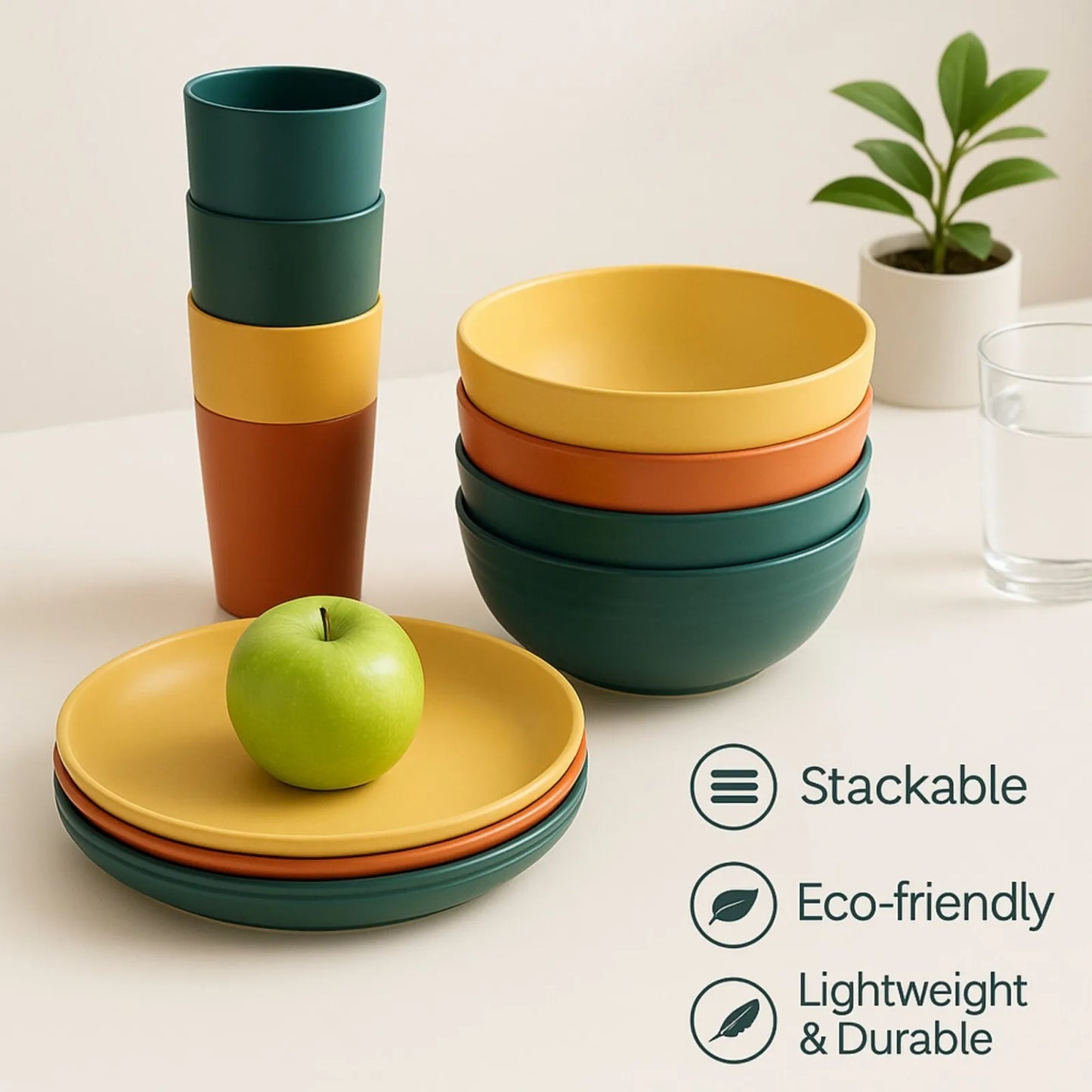 16 PCS Wheat Straw Dinnerware Set, Unbreakable Plates Bowls Cups for 4, Lightweight Microwave & Dishwasher Safe Tableware