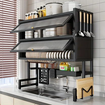Dish Rack Kitchen Carbon Steel Over Sink Organizer Dustproof Multi Compartment Easy Mount Sink Storage Space