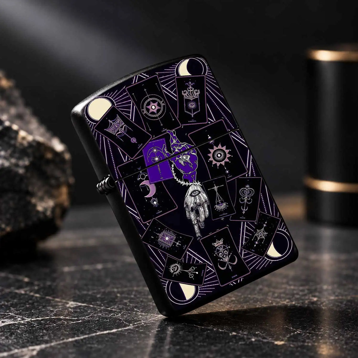 Mystical Tarot Astrology Themed Pocket Lighter, Occult Celestial Esoteric Aesthetic Portable Igniter, Stylish Dark Art Creative Accessory For Daily Use, Rituals, Gifting And Any Scenes, Unique Divination Pattern Exquisi A Hum