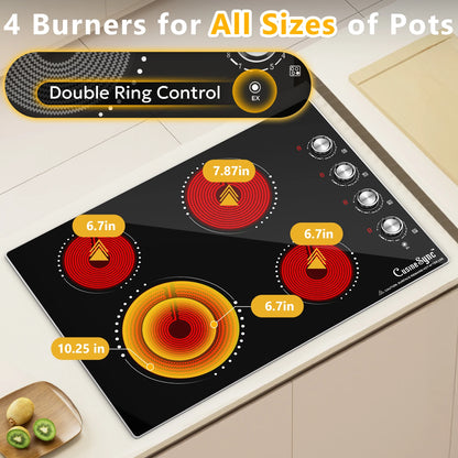 Electric Cooktop 30 Inch - 4 Burners Built-in Ceramic Cooktop, 30" Radiant Electric Stove Top with Knob Control 7200W