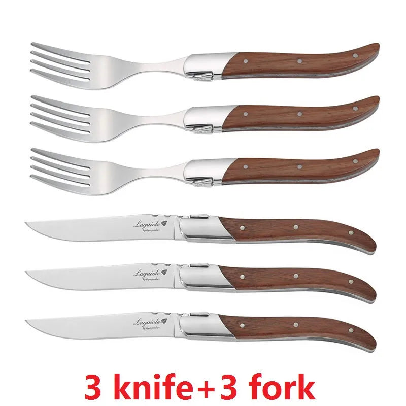 2/4/6/10pcs 8.25inch Laguiole Steak Knives Wood Cutlery Tableware Korean Japanese Dinnerware Rose Wooden Handle Dinner Forks