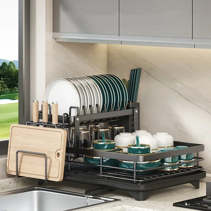 Kitchen Dish Drain Rack Plates Bowls Chopsticks Carbon Steel Storage Rack with Drain Board Sink Countertop Tableware Storage