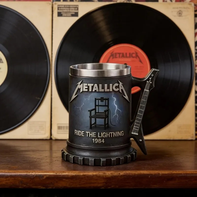 Metallica Ride The Lightning 1984 Collectible Mug, Guitar Handle Stainless Steel Lined Beer Stein, Heavy Metal Rock Fan Gift