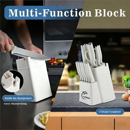 Knife Set, 15 Piece Knife Block Set with Built-in Sharpener, Dishwasher Safe, Rust Resistant, Ergonomic Handle, Stainless Steel