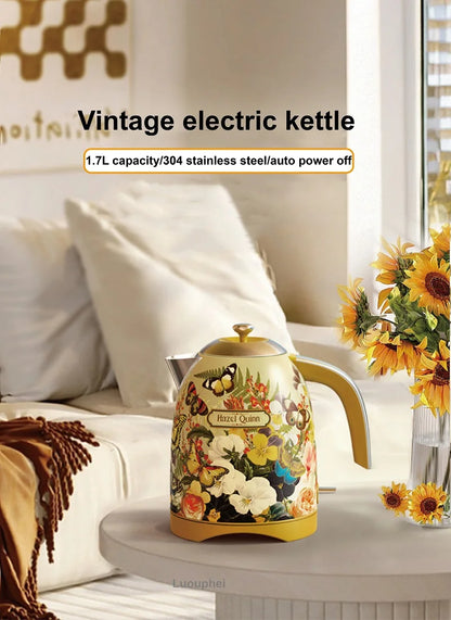 1700ml Retro Printed Electric Kettle Household 304 Stainless Steel Boil Kettle Automatic Power Off Teapot Kitchen Tool 1850W