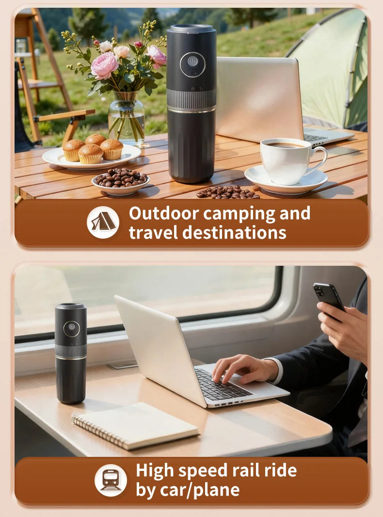 2-in-1 Wireless Portable Coffee Machine – Grind Beans & Hand Brew Anywhere for Camping & Outdoor Adventures