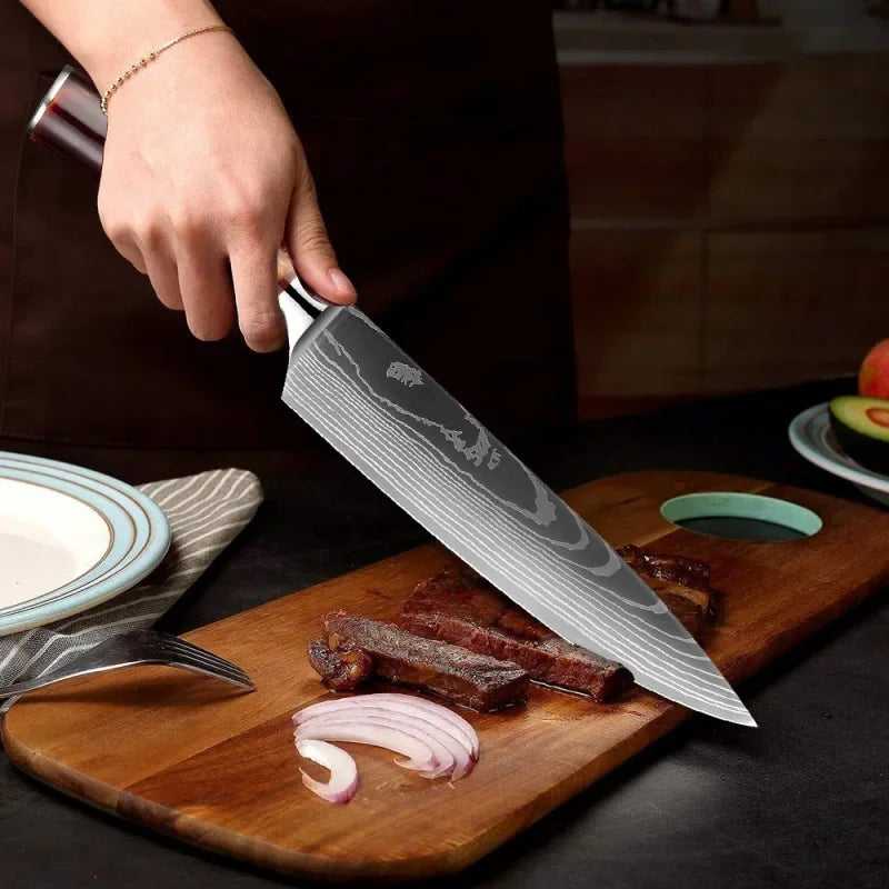 Japanese Santoku Knife 10pcs Damascus Pattern Knives Set Chef's Knife Boning Knife Meat Cleaver Vegetable Slicing Knives