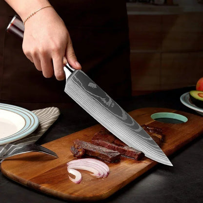 Japanese Santoku Knife 10pcs Damascus Pattern Knives Set Chef's Knife Boning Knife Meat Cleaver Vegetable Slicing Knives