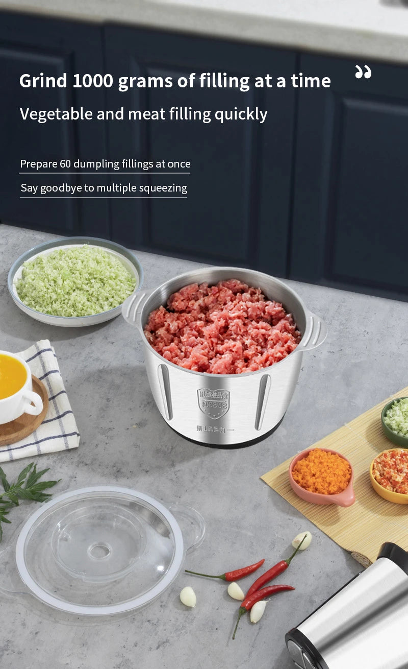 Electric Meat Grinder 2L Beef Meat Crusher 304 Stainless Steel Multi-Function Vegetable Slicer Food Chopper Kitchen Supplies