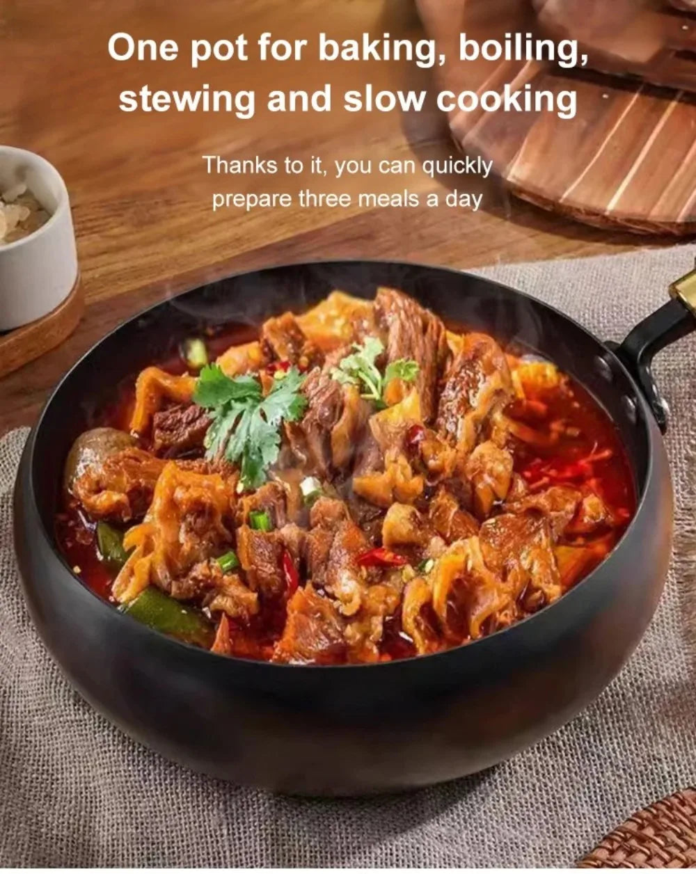 Healthy Hand Forging Cast Iron Pot NonStick Uncoated Frying Pan with Wooden Lid Chinese Wok Induction Cooker Gas