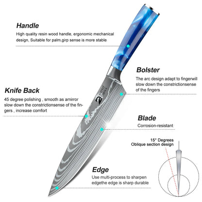 MDHAND 8pcs Kitchen Knife Damascus Stainless Steel Chef Knife Utility Paring Boning Cleaver Slicing Santoku Knives Nylon Bag
