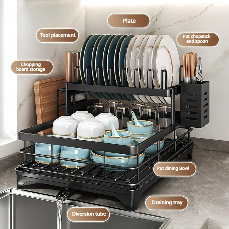 2-Tier Carbon Steel Dish Drying Rack for Kitchen Counter, Large Capacity Dish Drainer with 360° Swivel Spout, Rust-Proof Utensil & Cutting Board Holder