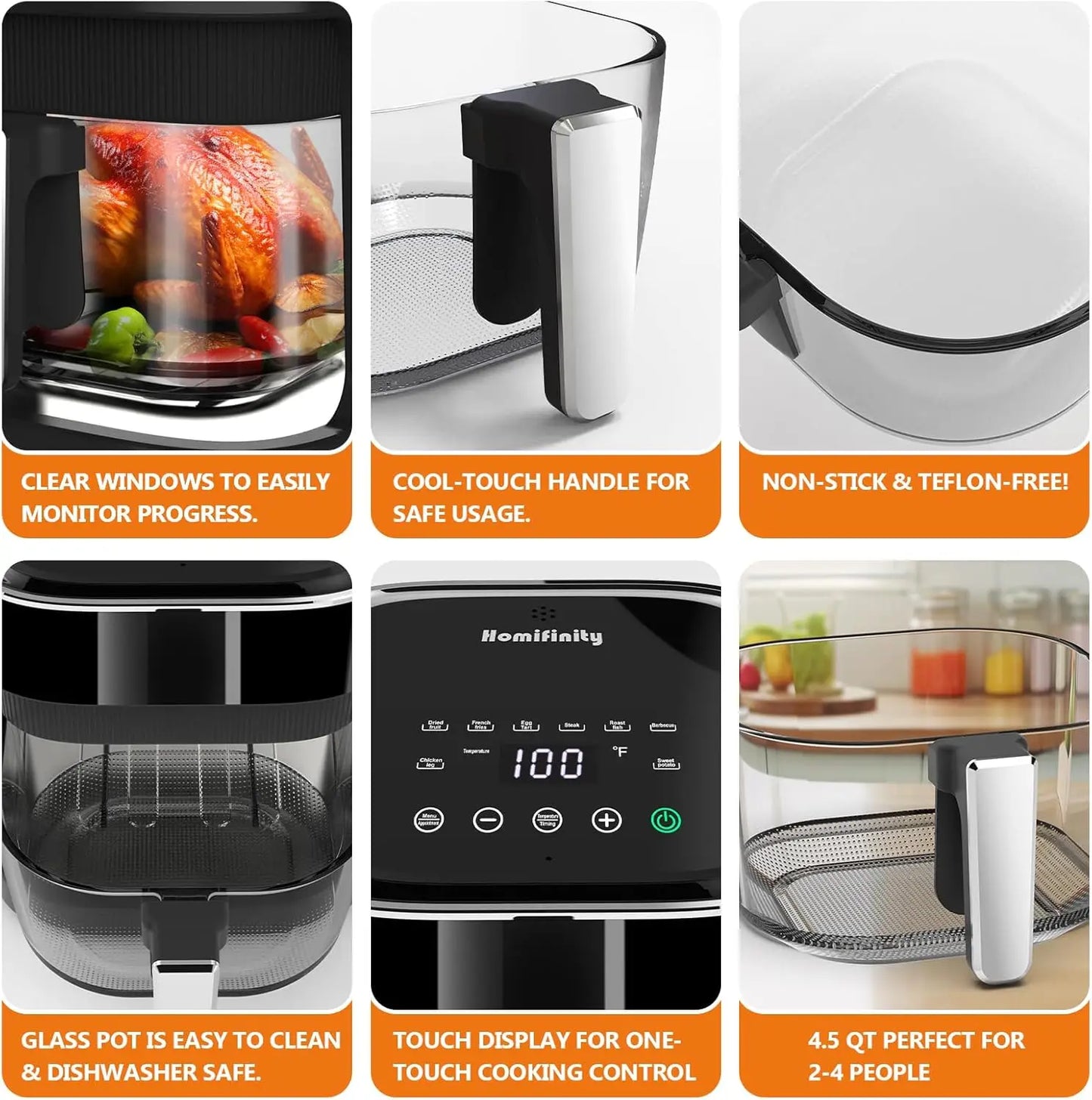 4.5 Qt Glass Air Fryer, Borosilicate Basket, Stainless Steel Tray, 8 Presets, Black