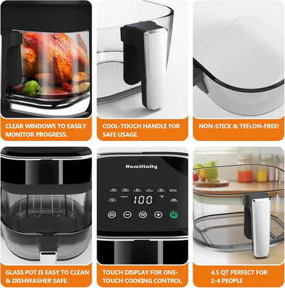 4.5 Qt Glass Air Fryer, Borosilicate Basket, Stainless Steel Tray, 8 Presets, Black