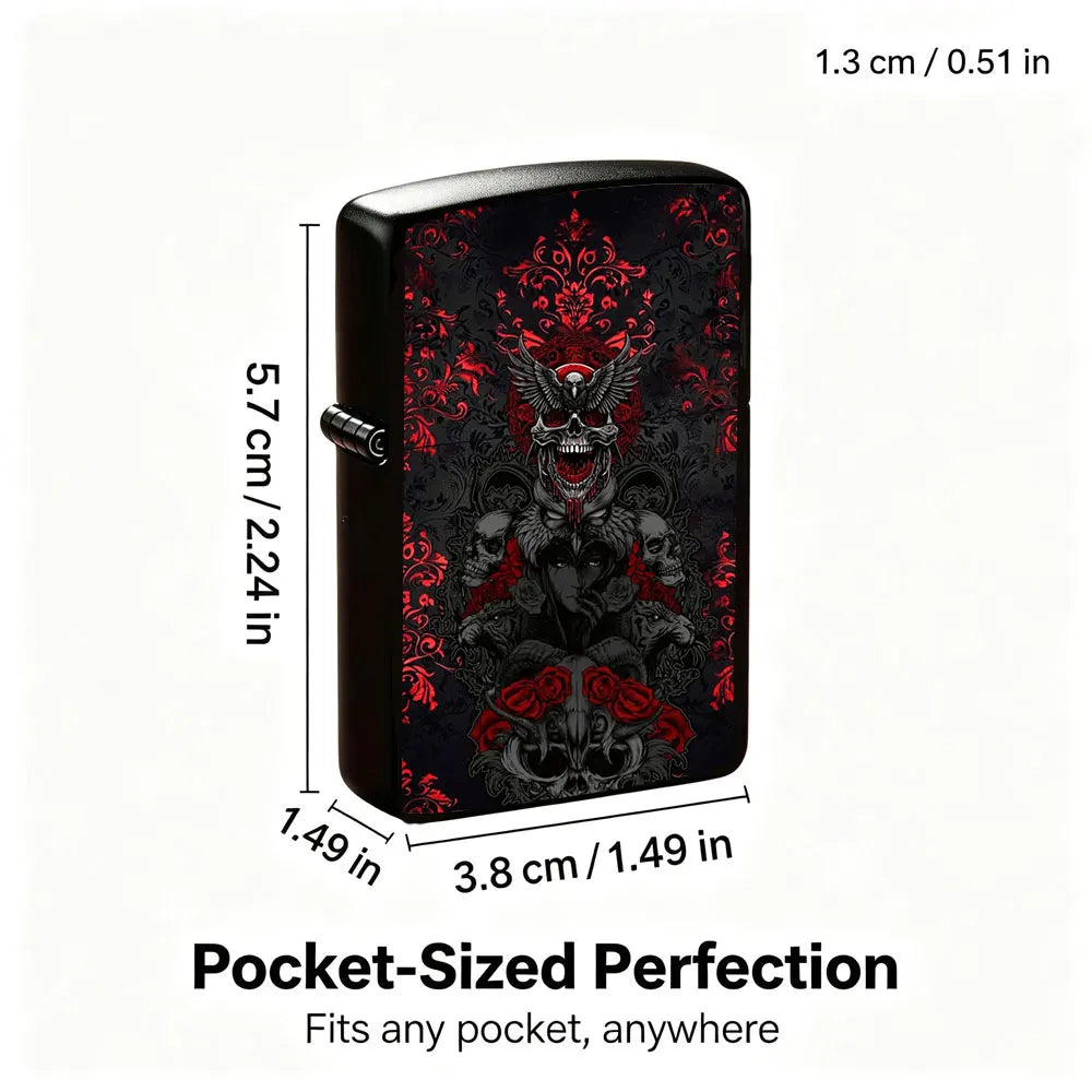 Pocket Lighter, Skull & Rose Print Metal Case, Flip-Top Windproof Design, Comfortable Grip, Refillable, Cool Gift for Men