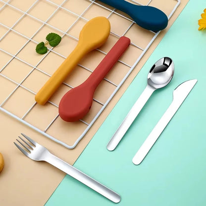 3pcs/set With Silicone Case Travel Cutlery Set Rust-proof Reusable Flatware Set 304 Stainless Steel Mirror Polished