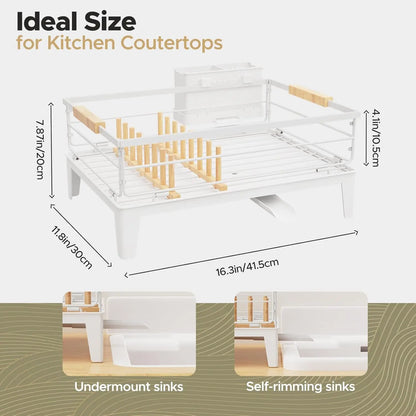 Upgrade Dish Racks for Kitchen Counter Carbon Steel Dish Drainer with Removable Cutlery Holder & Drainboard, White