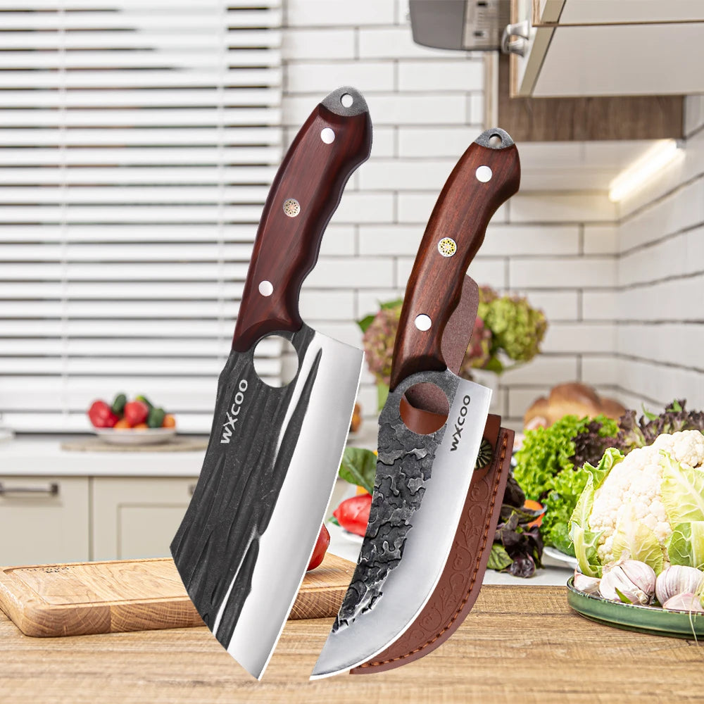 WXCOO Multifunctional Hand Forged Butcher Knife Kitchen Knife Durable Blade for BBQ Meat Cutting Boning Knife Wooden Handle
