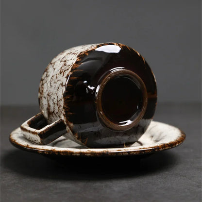 Traditional Arabic Coffee Cup and Dish Set Middle Eastern Style Kiln Transformed Coarse Ceramic Retro Handmade Mug