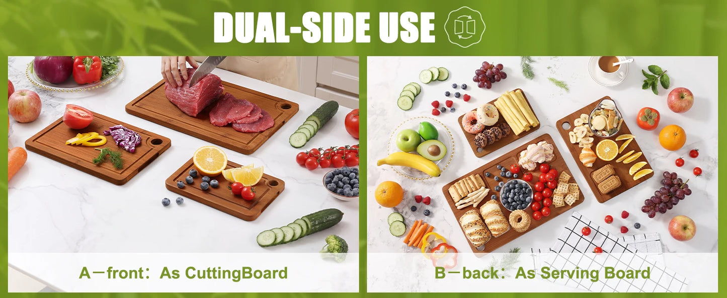 Tool And Gadget Sets - Bamboo Cutting Boards for The Kitchen - Three-Piece Wooden Cutting Boards with Juice Slot, Side Handles And Non-Slip Pads - Suitable for Meat, Vegetables And Fruits - Ideal Kitchen Gift - Suitable for V